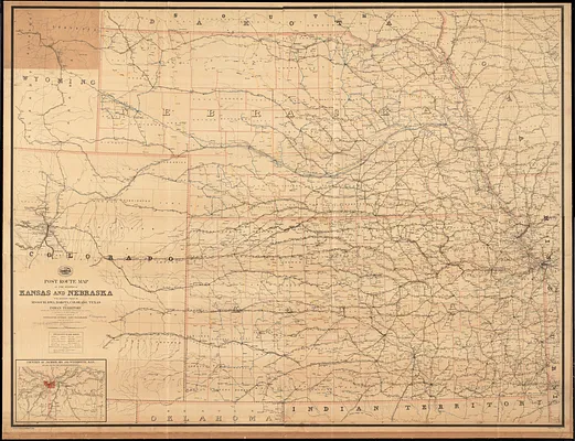 Post route map of the states of Kansas and Nebraska with adjacent parts of Missouri, Iowa, Dakota, Colorado, Texas, and Indian Territory showing post offices with the intermediate distances and mail routes in operation on the 1st. of October 1891