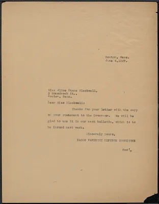 Sacco-Vanzetti Defense Committee typed note (copy) to Alice Stone Blackwell, Boston, Mass., June 4, 1927