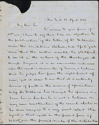 Edmund Tweedy autograph letter signed to John Sullivan Dwight, New York, April 18, 1846