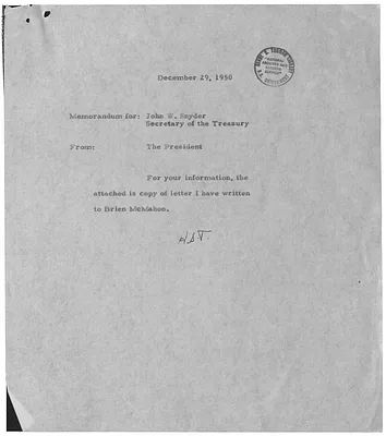 Memorandum from President Harry S. Truman to Secretary of the Treasury John Snyder and Admiral Robert Dennison with Attachment
