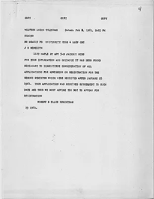 Telegram from the Registrar at the University of Mississippi to James Meredith, 4 February 1961