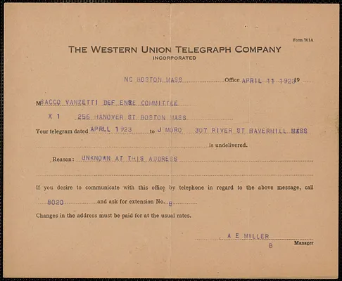 Western Union Telegraph Company typed form to Sacco-Vanzetti Defense Committee Boston, Mass., April 11, 1923