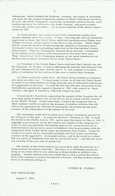 Message to U.S Congress Regarding Tonkin Gulf incidents