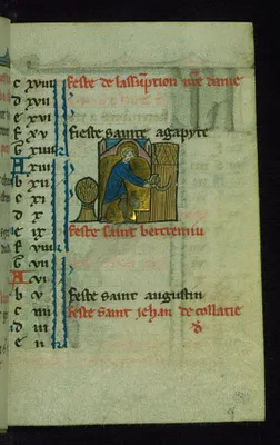 Leaf from Book of Hours: August Calendar, Man Harvesting Wheat with a Sickle