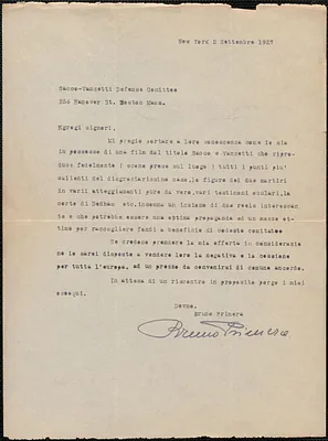 Bruno Primera typed letter signed, in Italian, to Sacco-Vanzetti Defense Committee, New York, N. Y, September 2, 1927
