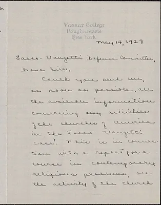 Roberta Searle autograph letter signed to Sacco-Vanzetti Defense Committee, Poughkeepsie, N.Y., May 14, 1927