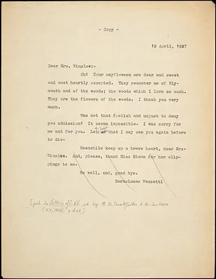 Bartolomeo Vanzetti typed note (copy) to Gertrude L. Winslow, [Dedham], 19 April 1927