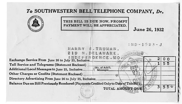 Bill from Southwestern Bell Telephone Company to Harry S. Truman