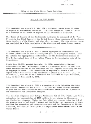Signing of S. J. Res. 168, S. 3187, S. 2760 [Signing Statements and Announcements]