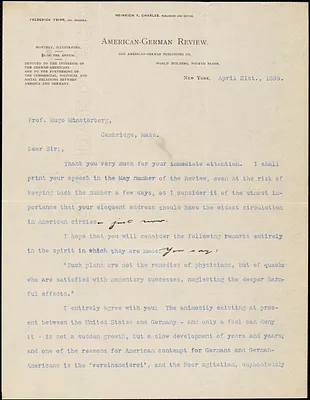Charles, Heinrich F., fl. 1899 typed letter signed to Hugo Münsterberg, New York, 21 April 1899
