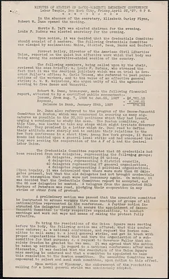 Louis Budenz (Sacco-Vanzetti Emergency Conference) typed document, New York, N. Y., April 22, 1927: Minutes of meeting of Sacco-Vanzetti Emergency Conference