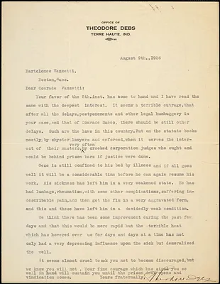 Theodore Debs typed letter signed to Bartolomeo Vanzetti, Terre Haute, Ind., 9 August 1926