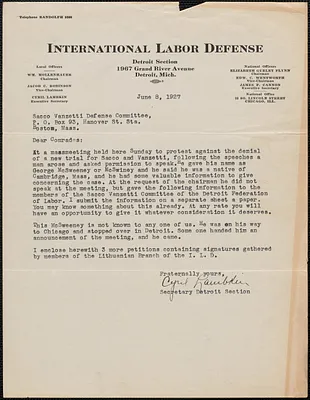 Cyril Lambkin (International Labor Defense) typed letter signed to Sacco-Vanzetti Defense Committee, Detroit, Mich., June 8, 1927