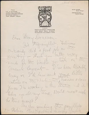 John Dos Passos autograph letter signed to Mary Donovan, New York, N.Y., March 1927