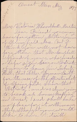 A. Leyman autograph letter signed to Victoria [Woodhull Martin], Onset, Mass., May 1897