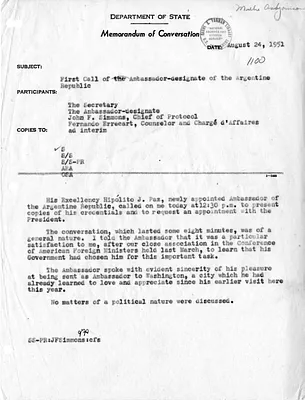 Memorandum of Conversation with Secretary of State Dean Acheson, Ambassador of Argentina Hipolito J. Paz, and Fernando Errecart