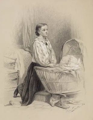 Young Woman Praying Beside Baby's Cradle