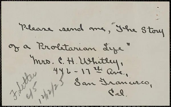 Mrs. C. H. Whitney autograph note signed to Sacco-Vanzetti Defnese Committee, San Francisco, Calif., October 28, 1923