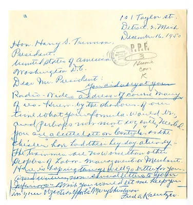 Letter from Fred Kreutzer to President Harry S. Truman