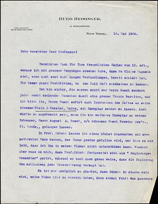 Reisinger, Hugo, 1856-1914 typed letter signed to Hugo Münsterberg, New York, 16 May 1908
