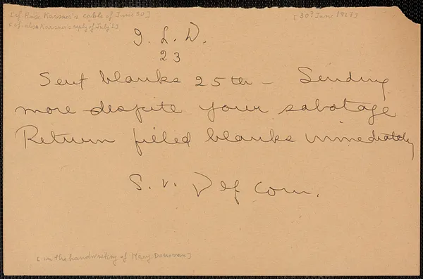 Sacco-Vanzetti Defense Committee telegram (copy) to International Labor Defense, Boston, Mass., [June 30?, 1927]