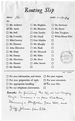 Routing Slip from David Bell to Eben Ayers, with Attached Drafts of Presidential Statements