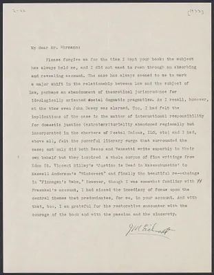 Herbert Brutus Ehrmann Papers, 1906-1970. Sacco-Vanzetti. Fan mail, 1933-1936. Box 2, Folder 22, Harvard Law School Library, Historical & Special Collections