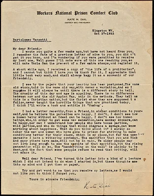 Kate M. Dial typed letter signed to Bartolomeo Vanzetti, Kingston, Wash., 27 October 1923