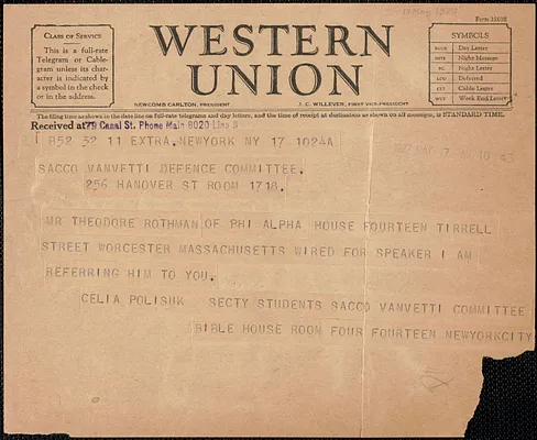 Celia Polisuk (Student Sacco-Vanzetti Committee) telegram to Sacco-Vanzetti Defense Committee, New York, N.Y., May 17, 1927