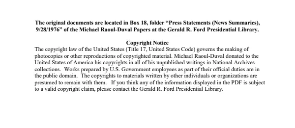 Press Statements (News Summaries), 9/28/1976