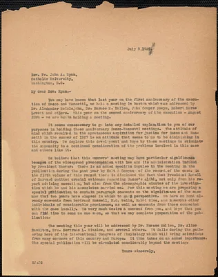 Gardner Jackson typed letter (copy) to Rev. Fr. John A. Ryan (Catholic University), [Boston, Mass.], July 9, 1929