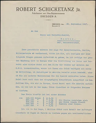 Robert Schicketanz Jr. typed letter signed, in German, to Sacco and Vanzetti [Defense] Committee, Dresden, Germany, September 20, 1927