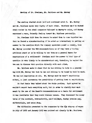 Memorandum, Notes on Meeting of Dr. Steelman, Mr. Fairless and Mr. Murray