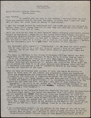 Maude E. Pettyjohn typed letter to Sacco-Vanzetti Defense Committee, Dayton, Wash., October 13, 1927