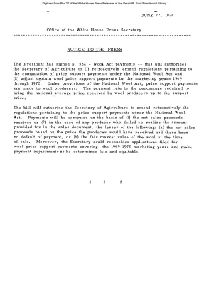 Signing of S. 532 - Wool Act payments [Signing Statements and Announcements]