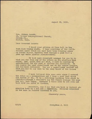 Creighton J. Hill typed letter (copy) to Sidney Lovett, [Boston, Mass.], August 26, 1929