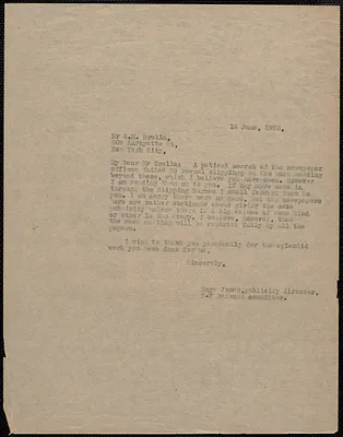 Hays Jones (Sacco-Vanzetti Defense Committee) typed letter (copy) to E. M. Grella, Boston, Mass., June 16, 1923