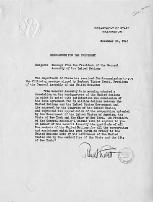 Memorandum from Under Secretary of State Robert Lovett to President Harry S. Truman