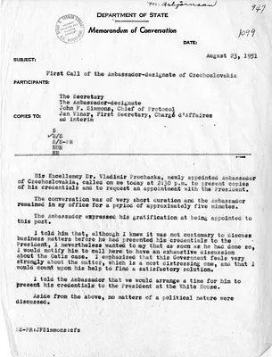 Memorandum of Conversation with Secretary of State Dean Acheson, Ambassador of Czechoslovakia Vladimir Prochazka, Jan Vinar, and John F. Simmons