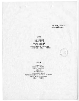 Menu for President Harry S. Truman's  Visit to Key West, Florida