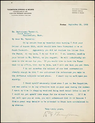 William G. Thompson typed letter signed to Bartolomeo Vanzetti, Boston, 28 September 1925