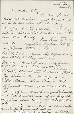 Brooks, John Graham, 1846-1938 autograph letter signed to Hugo Münsterberg, Cambridge, Mass., 1913?