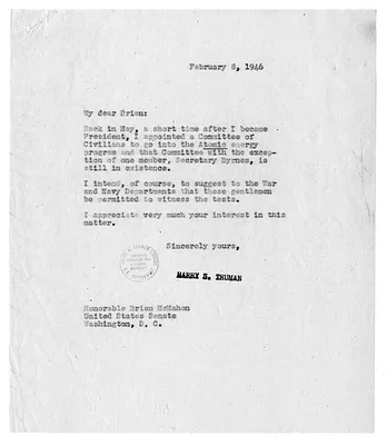 Correspondence Between President Harry S. Truman and Senator Brien McMahon