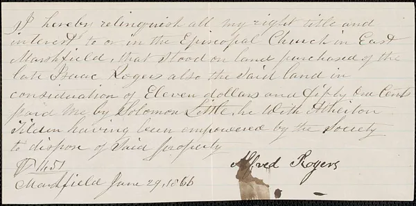 Relinquishment of Alfred Rogers' title to Trinity Church in Marshfield