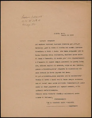 Sacco-Vanzetti Defense Committee typed letter (copy), in Italian, to Lawrence Bellandi, Boston, Mass., May 16, 1925