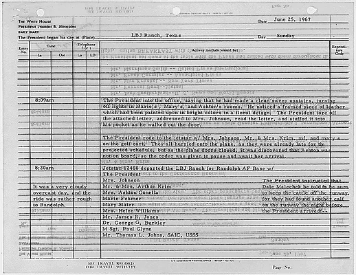 President's Daily Diary Entry, June 25, 1967