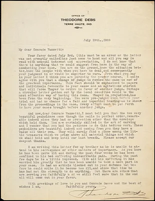 Theodore Debs typed letter signed to Bartolomeo Vanzetti, Terra Haute, Ind., 19 July 1926