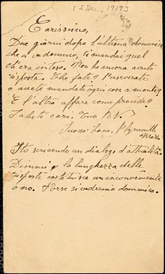 Bartolomeo Vanzetti autographed note signed (initials) to Aldino Felicani, [Plymouth], 2 December 1919