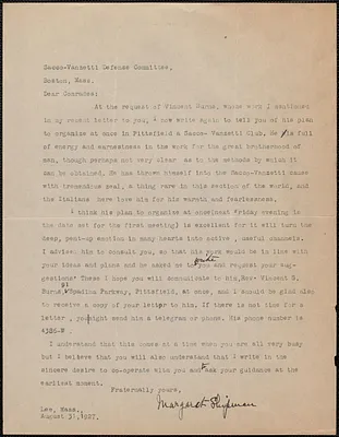 Margaret Shipman typed letter signed to Sacco-Vanzetti Defense Committee, Lee, Mass., August 31, 1927