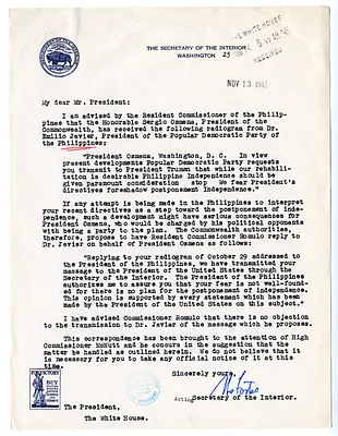Letter from Acting Secretary of the Interior Abe Fortas to President Harry S. Truman